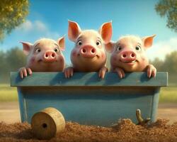 Tres cerdos son sentado en un vagón con un carretilla. generativo ai. foto