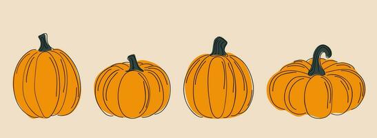 Set of pumpkins of various shapes. Stylized linear style with colorful spots. Modern hand drawn. vector
