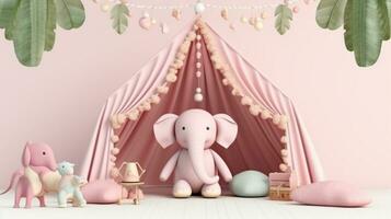 there is a pink tent with a stuffed elephant and other toys. generative ai. photo