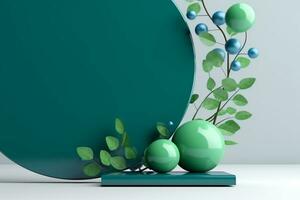 there is a green vase with blue and green balls and leaves. generative ai. photo