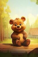 there is a cartoon bear sitting on a wooden platform in the woods. generative ai. photo