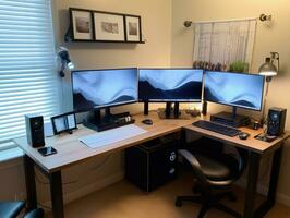 there are two computer monitors on a desk in a room. generative ai. photo