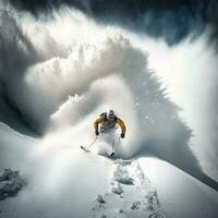 esquiador en amarillo chaqueta esquiar abajo un escarpado Nevado pendiente. generativo ai. foto