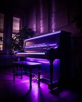 púrpura piano en un oscuro habitación con un planta en el antecedentes. generativo ai. foto