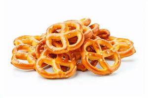 pila de pretzels en un plato en un blanco antecedentes. generativo ai. foto