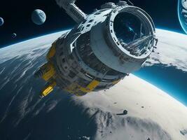 Futuristic space station on the edge of the galaxy photo