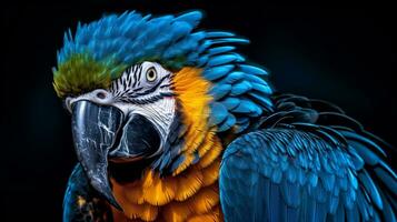 araffy blue and yellow parrot with a black background. generative ai. photo