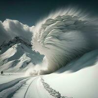 arafa nieve soplo terminado un Nevado montaña con un la carretera. generativo ai. foto