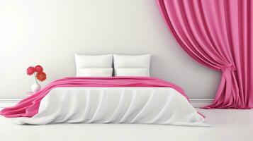 arafa cama con rosado hojas y almohadas en un blanco habitación. generativo ai. foto