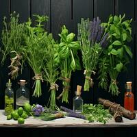 arafa manojo de hierbas y hierbas en botellas en un mesa. generativo ai. foto