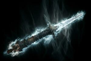 arafa espada con un brillante espada en el medio de un oscuro antecedentes. generativo ai. foto