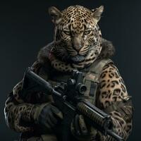 araffe with a rifle and a leopard mask on a black background. generative ai. photo