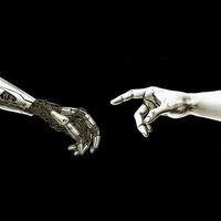 there are two hands touching each other with a robotic hand. generative ai. photo