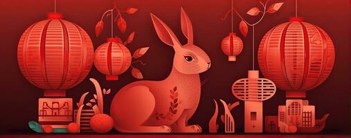 Chinese new year of the rabbit on red colours. Created with Generative AI photo