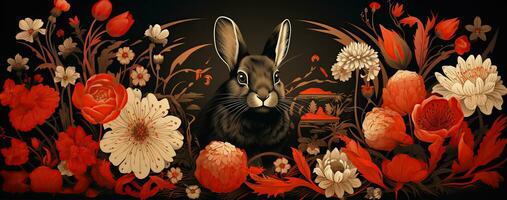 Chinese new year of the rabbit on red colours. Created with Generative AI photo