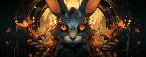 Chinese new year of the rabbit on red colours. Created with Generative AI photo