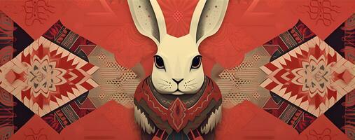 Chinese new year of the rabbit on red colours. Created with Generative AI photo