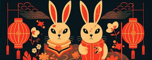 Chinese new year of the rabbit on red colours. Created with Generative AI photo