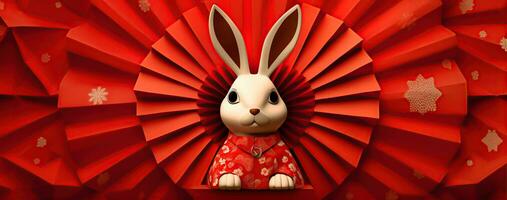 Chinese new year of the rabbit on red colours. Created with Generative AI photo