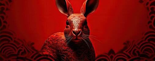 Chinese new year of the rabbit on red colours. Created with Generative AI photo