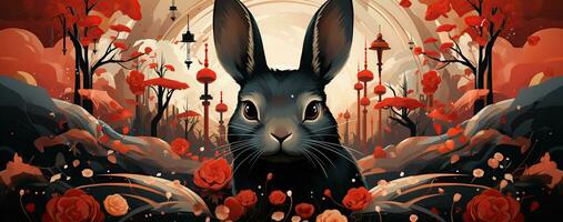 Chinese new year of the rabbit on red colours. Created with Generative AI photo