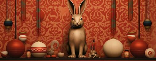 Chinese new year of the rabbit on red colours. Created with Generative AI photo