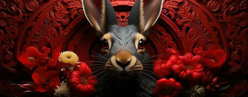 Chinese new year of the rabbit on red colours. Created with Generative AI photo