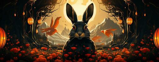 Chinese new year of the rabbit on red colours. Created with Generative AI photo
