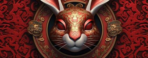 Chinese new year of the rabbit on red colours. Created with Generative AI photo