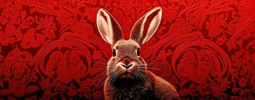 Chinese new year of the rabbit on red colours. Created with Generative AI photo