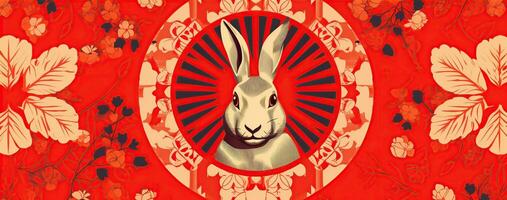 Chinese new year of the rabbit on red colours. Created with Generative AI photo