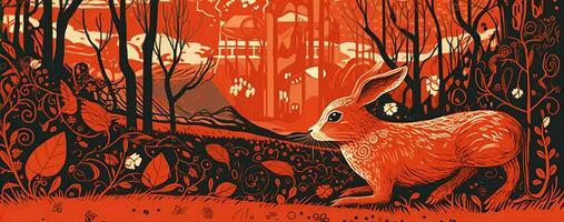 Chinese new year of the rabbit on red colours. Created with Generative AI photo
