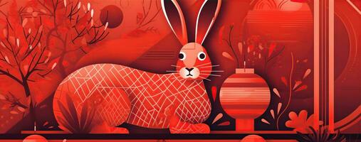 Chinese new year of the rabbit on red colours. Created with Generative AI photo