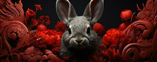 Chinese new year of the rabbit on red colours. Created with Generative AI photo