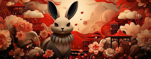 Chinese new year of the rabbit on red colours. Created with Generative AI photo