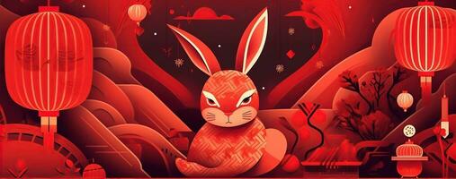 Chinese new year of the rabbit on red colours. Created with Generative AI photo