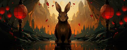 Chinese new year of the rabbit on red colours. Created with Generative AI photo