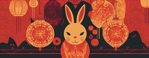 Chinese new year of the rabbit on red colours. Created with Generative AI photo