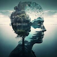 there is a man with a tree in his head and a lake in the background. generative ai. photo