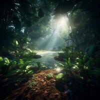 there is a river running through a jungle with trees and plants. generative ai. photo