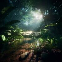 there is a stream running through a jungle with trees and rocks. generative ai. photo