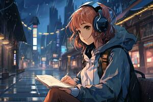 anime girl sitting on a bench in the rain with headphones on. generative ai. photo