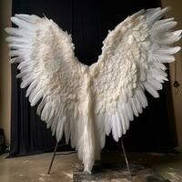 arafed white angel wings on a stand in front of a black backdrop. generative ai. photo