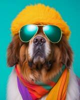 arafly dressed dog wearing sunglasses and a scarf. generative ai. photo