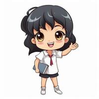 cartoon girl in school uniform waving and holding a book. generative ai. photo