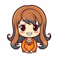 cartoon girl with long brown hair and orange shirt sitting down. generative ai. photo