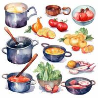 there are many different pots and pans with food on them. generative ai. photo