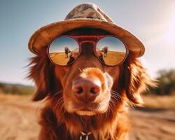 there is a dog wearing sunglasses and a hat on the beach. generative ai. photo