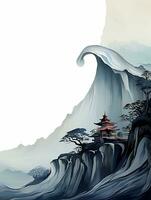 there is a painting of a mountain with a pagoda on top of it. generative ai. photo