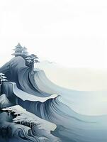 there is a painting of a mountain with a pagoda on top. generative ai. photo